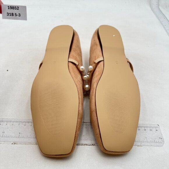 FOWT Nude Square Toe Slip on Flats Pearl Studded Strap Elegant Wedding Pumps - Picture 7 of 8